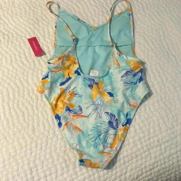 XHILARATION TROPICAL SCOOP BACK HIGH HIP ONE PIECE FLORAL SWIMSUIT, BLUE… - Picture 8 of 13
